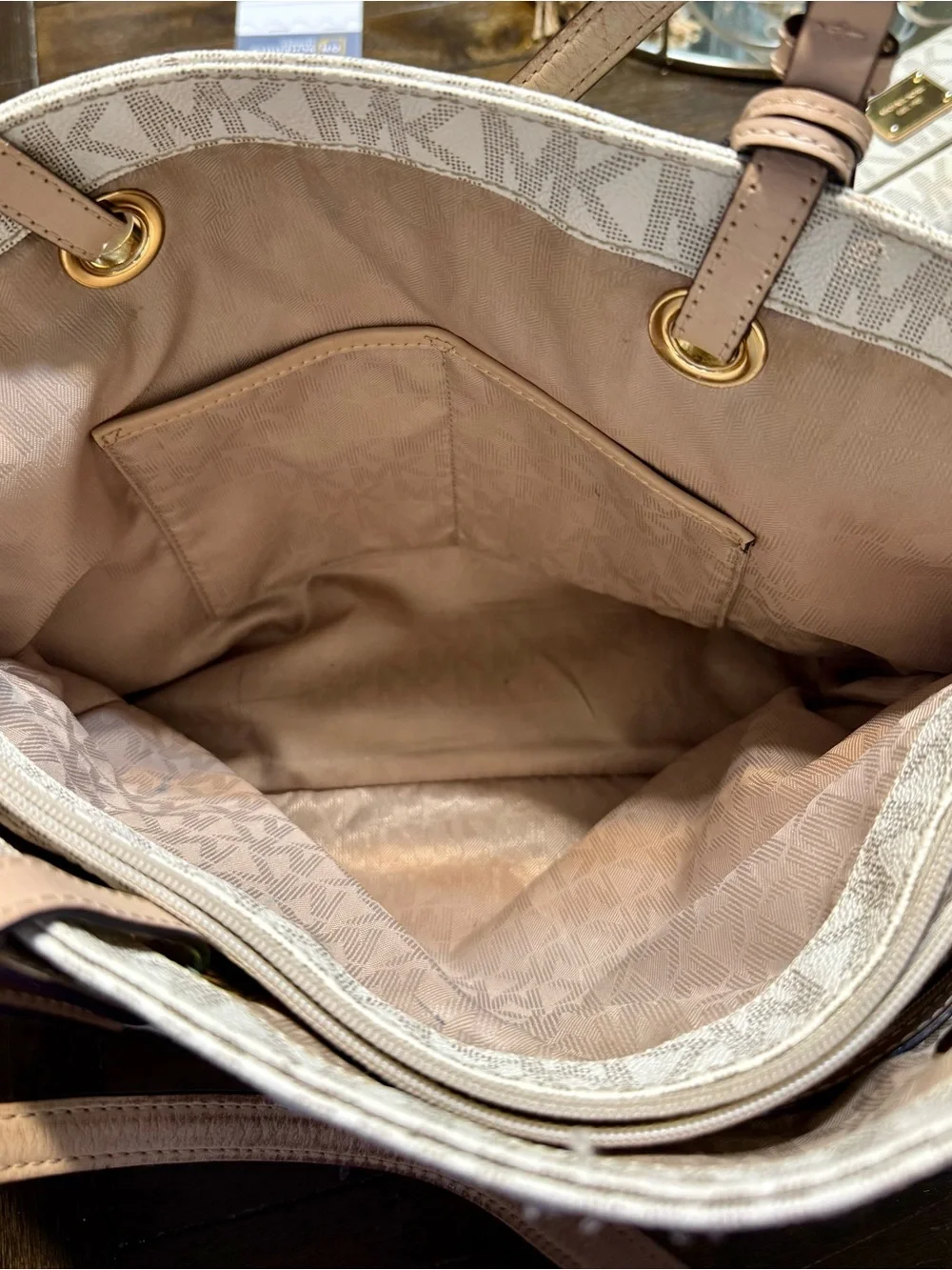 Michael Kors Beige Logo Tote with Blush Leather Straps and matching Wallet